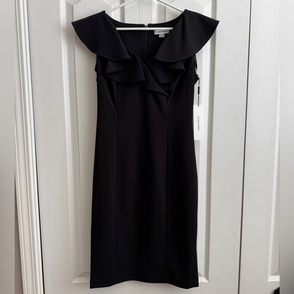 NWT Calvin Klein Black Ruffled Sheath Dress